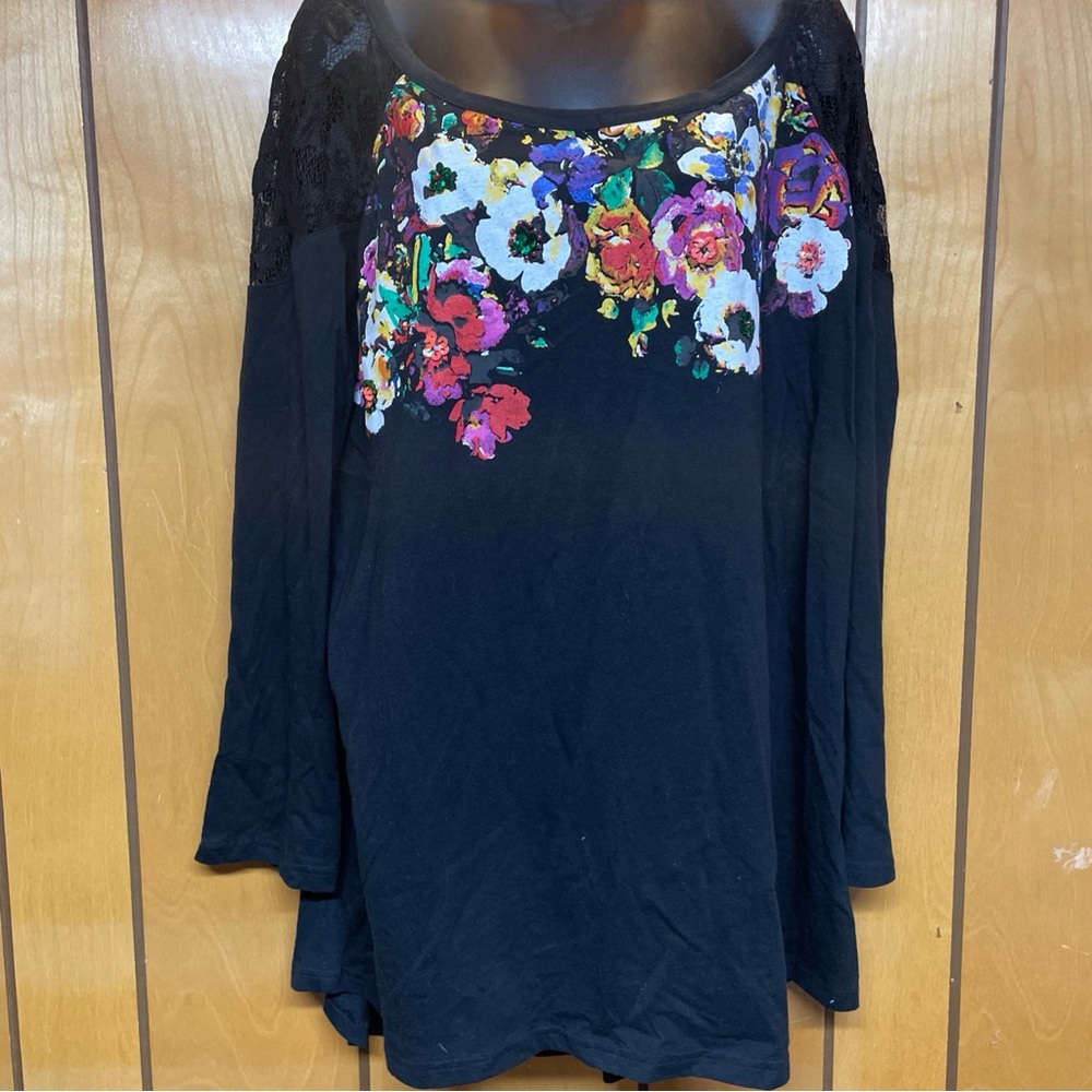 Roaman's Black Floral Lace Women's Blouse‎ Large 18/20 long sleeve
